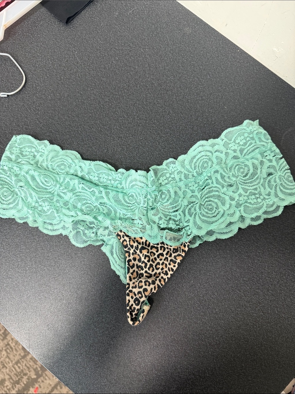 Mint Green Lace Thong with Leopard Print Accent